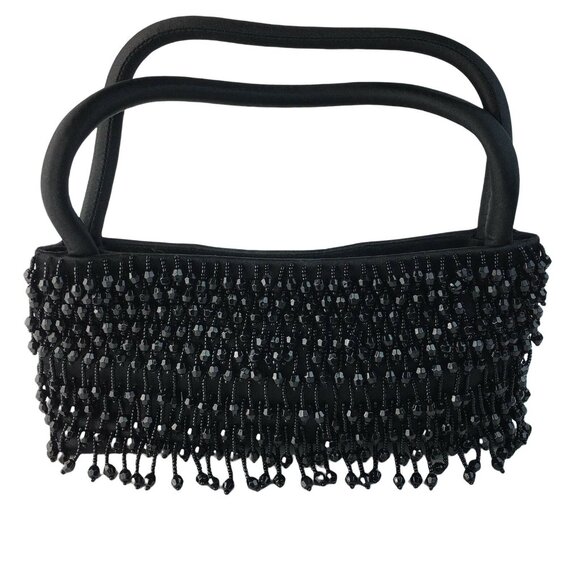 Little Black Formal Evening Purse Beaded Handbag Fabric 8.5 x 3.5 With Handle u - Picture 1 of 6